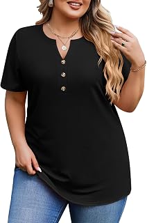 IN'VOLAND Womens Plus Size Tops V Neck Button Down Shirt Short Sleeve Tunic