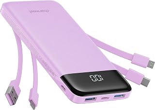Charmast Power Bank with Built in 4 Cables, 10000mAh Portable Charger | Charges 6 devices at once, Dual voltage,Digital display,Smart protect,Flight-approved, Travel pouch + 36-month support