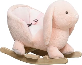 Qaba Baby Rocking Horse with Simulated Sound for Toddler 18-36 Months Pink | Plush Rabbit Animal Rocker, Wooden Base, Seat Belt, Stuffed Rocking Chair