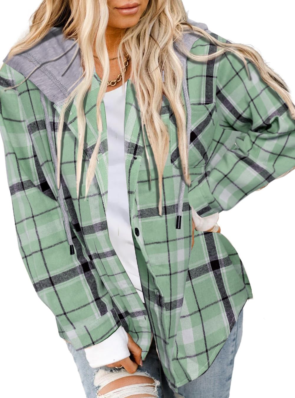 Asiertiy Women's Buffalo Check Flannel Shirt Long Sleeve Button Down Collar Ligh