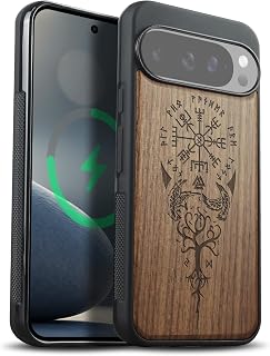 Carveit Wood Case for Google Pixel 10 ProXL Compatible with MagSafe [Wood and Hybrid Silicone] Protective Anti-Shock for Pixel 10 ProXL Magnetic Case (Walnut-Viking Compass)