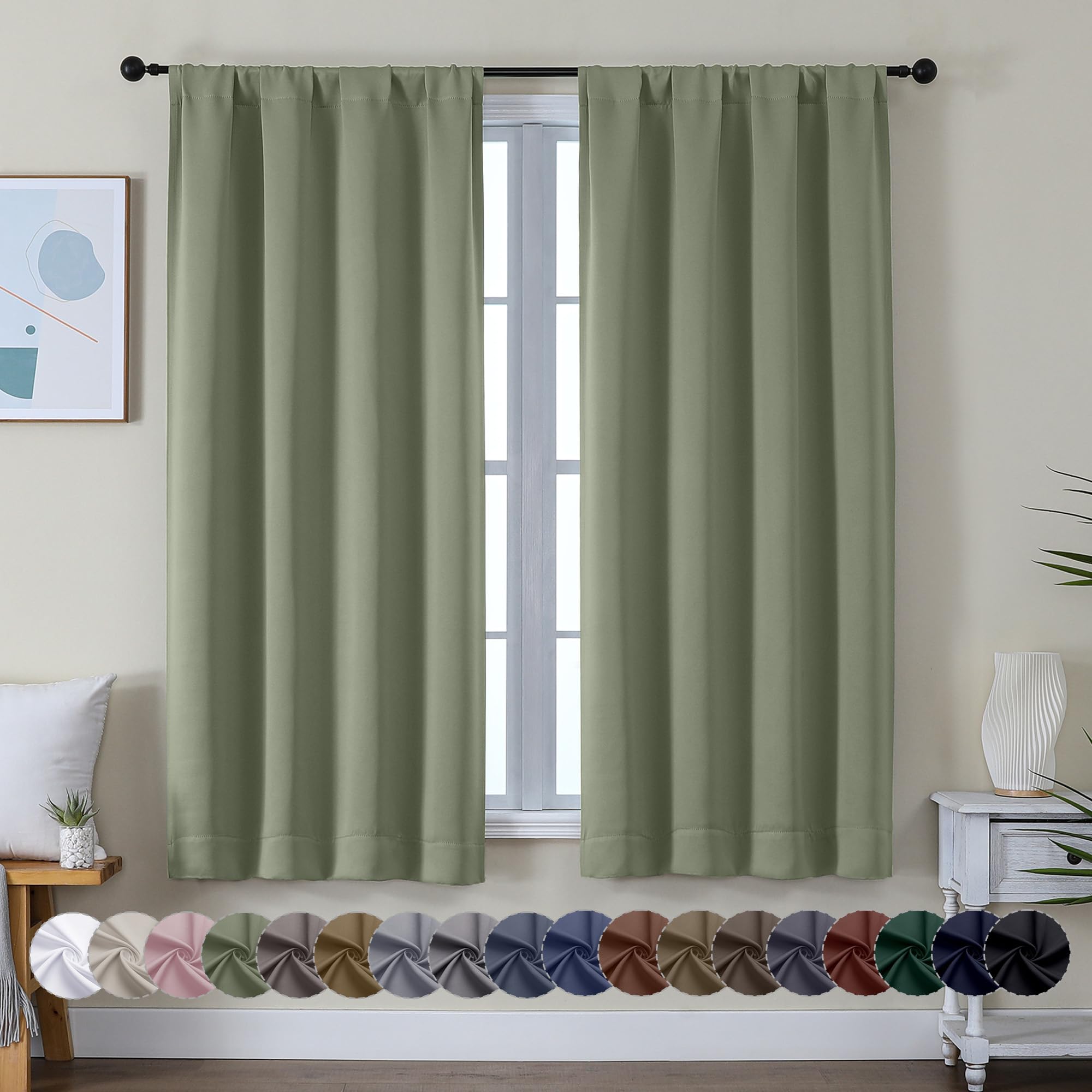 Simplebrand Ava Sage Green Blackout Curtains 63 Inch Length for Bedroom | 2 Pane