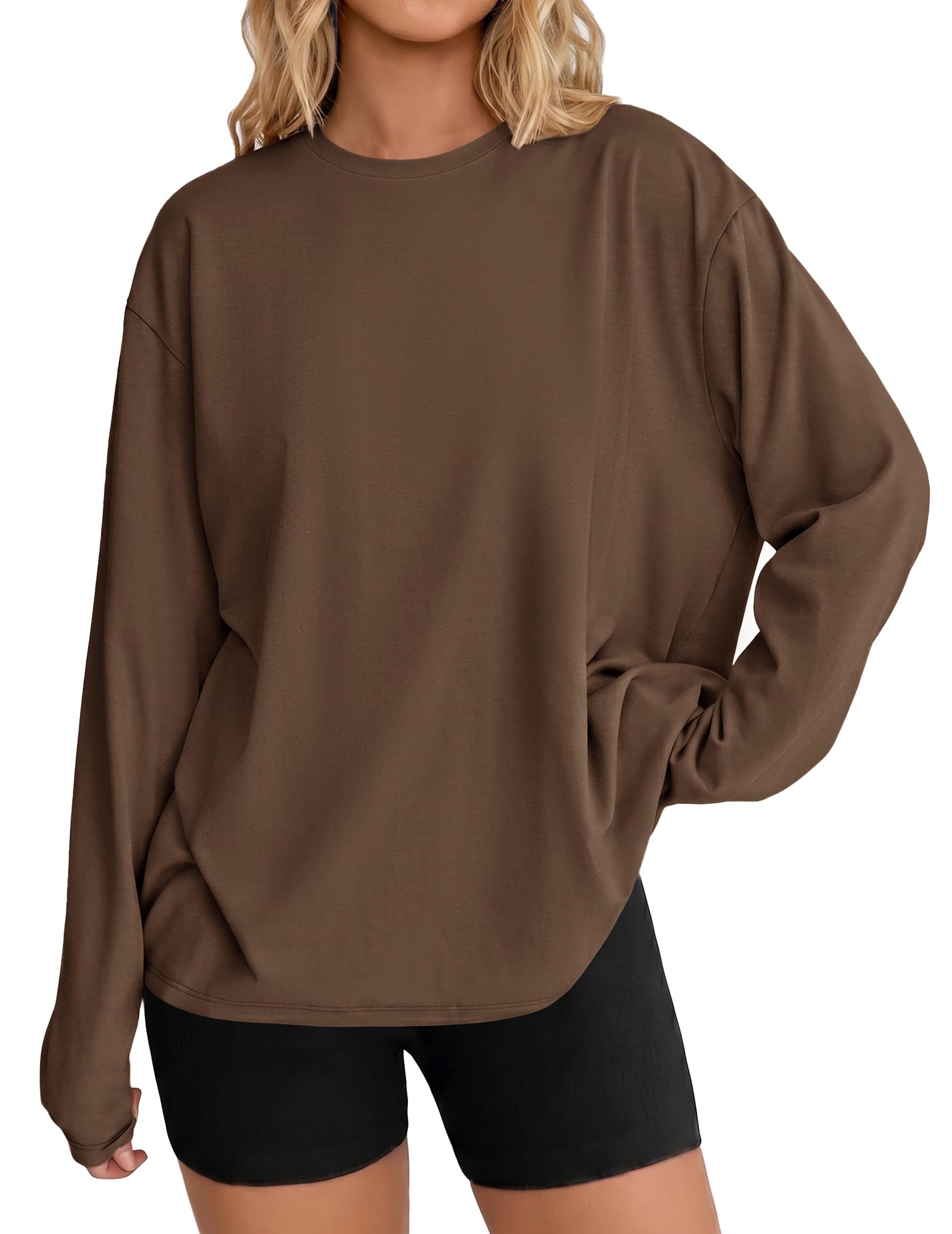 Ekouaer Long Sleeve Shirt Women Oversized Tshirt Crew Neck Cotton Tops | Fall Cl