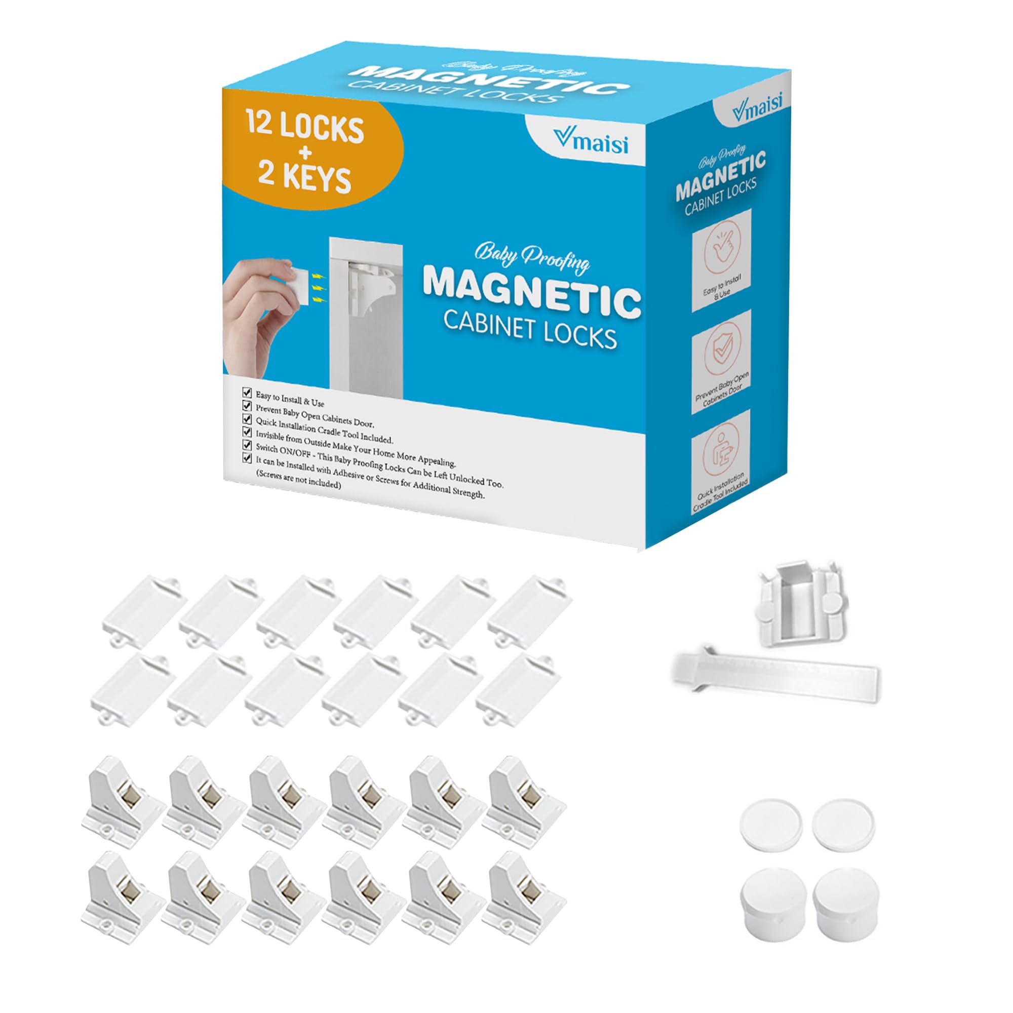 Vmaisi Adhesive Magnetic Cabinet Locks (12 Locks and 2 Keys) | Keeps dangerous t