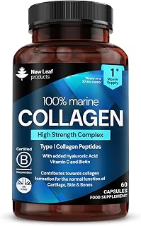 Marine Collagen Supplements for Women and Men, 1060mg, 60 Capsules, 1 Month | 1 Month Supply with Hyaluronic Acid Supplements, Vitamin C, Biotin, Hydrolysed Collagen Peptides Capsules , UK Made, New Leaf