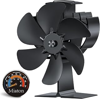 Miaton Log Burner Fan 6-Blade Heat Powered Stove Fan w/thermometer | Silent fireplace accessory improves heat circulation without electricity