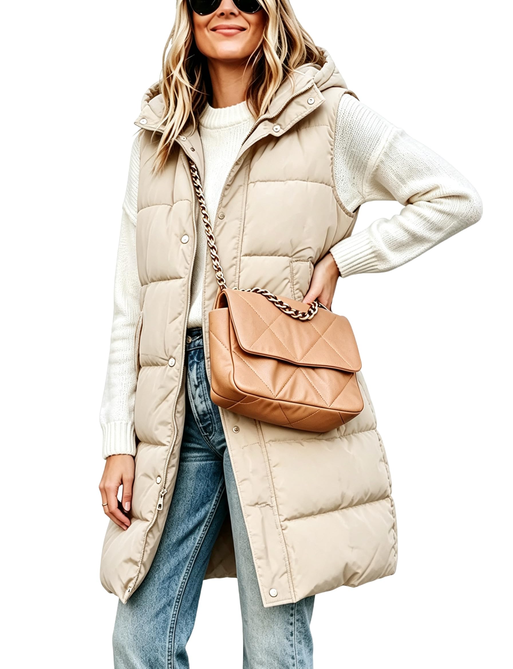 Tanming Women's Long Puffer Vest with Removable Hood