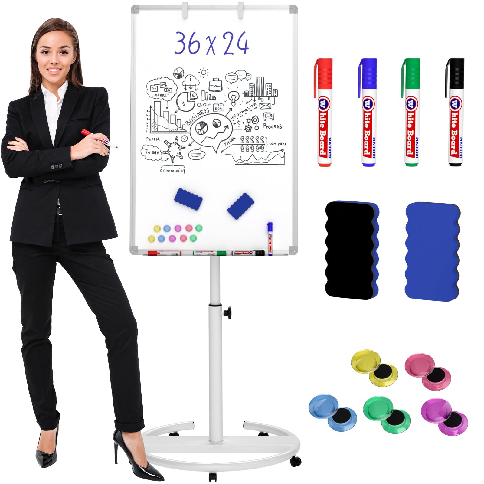 Nicpro Mobile Whiteboard 36"x 24" Magnetic Dry Erase Board, Height Standing | He