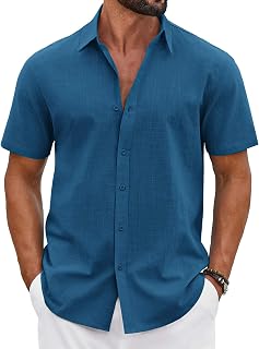 COOFANDY Mens Button Down Shirts Short Sleeve Casual Shirt Cotton Summer Beach Linen Wedding Shirts
