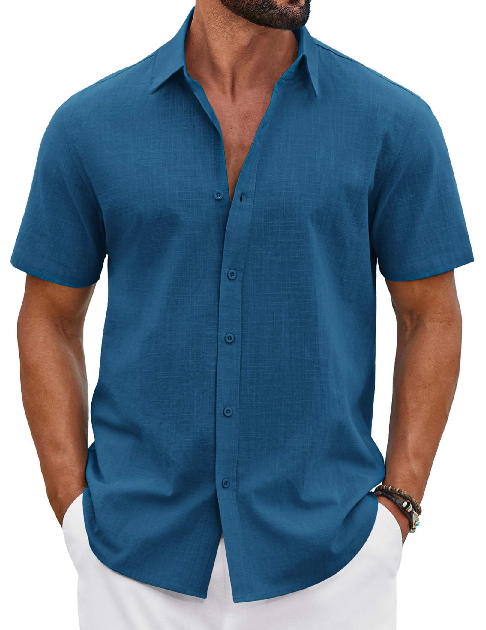 COOFANDY Mens Button Down Shirts Short Sleeve Casual Shirt Cotton Summer Beach L