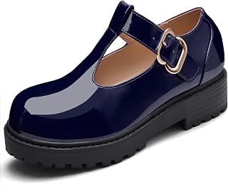 Coutgo Mary Jane - Scarpe basse con plateau, per uniforme scolastica, tacco grosso, punta chiusa, con cinturino a T