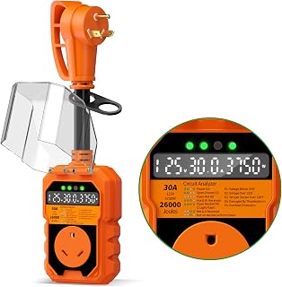 30 Amp RV Surge Protector 26000J Overload Auto Shutoff &amp; Manual Reset | LED Display Real-Time Monitoring Circuit Analyzer, IP68 Waterproof Cover, Suitable for Campers &amp; Travel Trailers