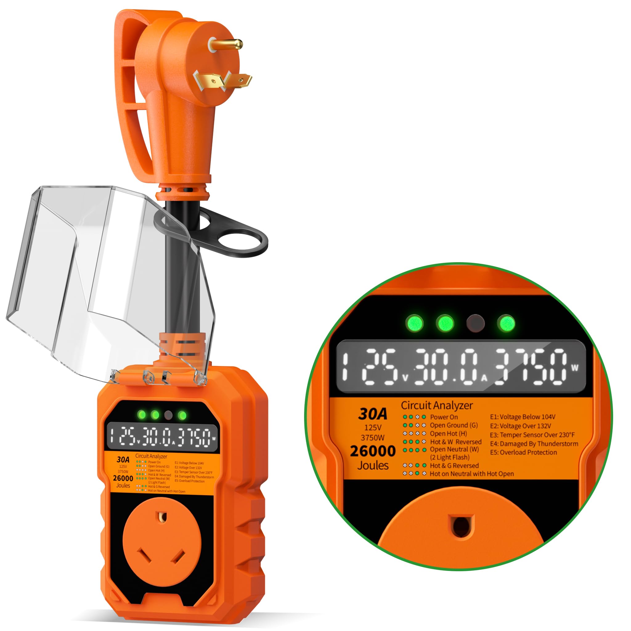 30 Amp RV Surge Protector 26000J Overload Auto Shutoff &amp; Manual Reset | LED 
