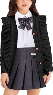 Arshiner Girls Cute Cardigan Ruffle Knit Long Sleeve Button V Neck Sweater School Uniform Outerwear for 4-13 Years Old