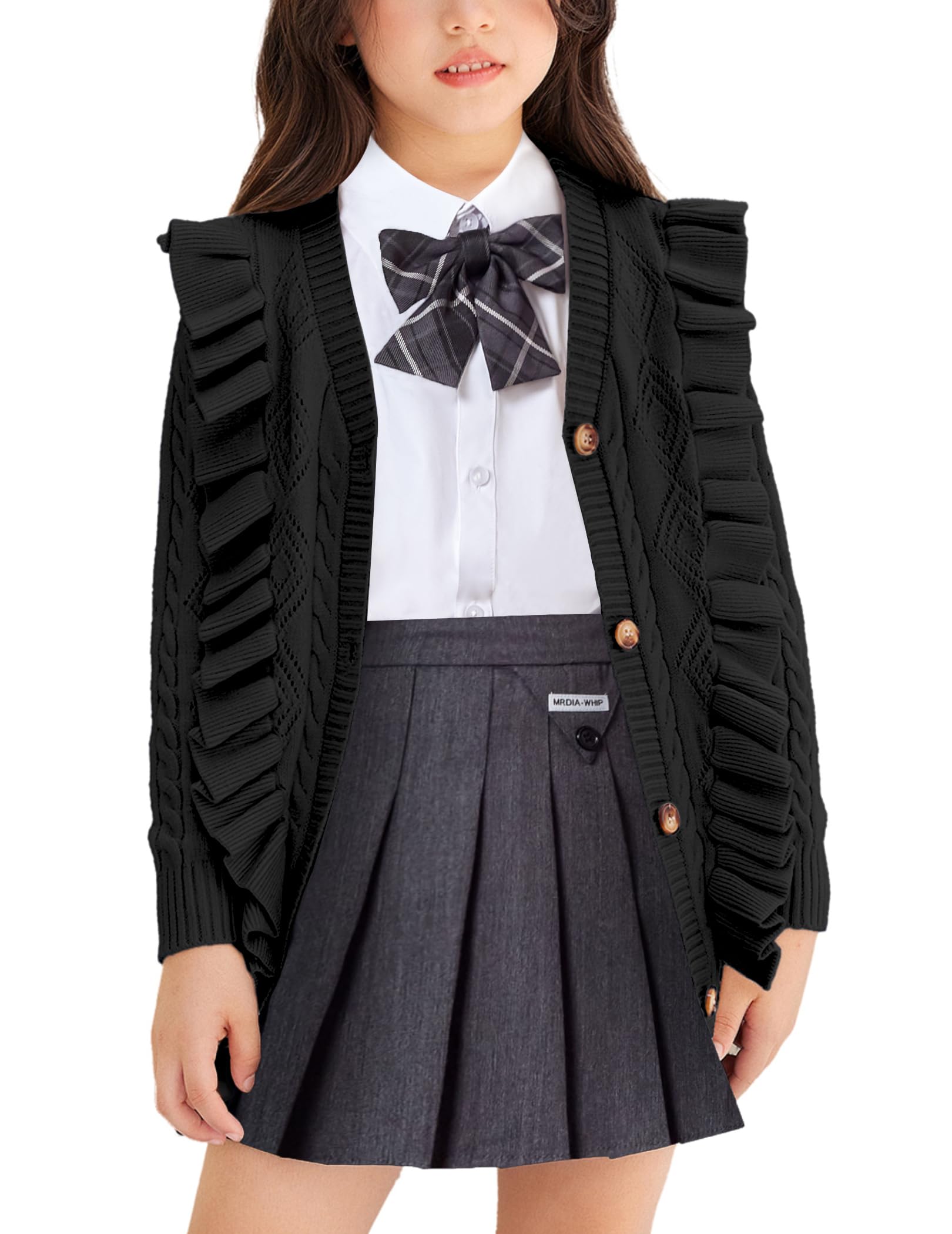 Arshiner Girls Cute Cardigan Ruffle Knit Long Sleeve Button V Neck Sweater Schoo