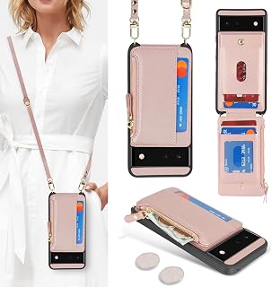 Cavor Custodia a portafoglio per Google Pixel 6, custodia per telefono per Pixel 6 Crossbody Case con cinturino, custodia a portafoglio Pixel 6 da donna, custodia in pelle con tasca con cerniera - oro