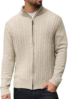 Men's Full Zip Cardigan Sweater, Cable Knit Cotton Blend, Stand Collar Zip Up Sweater for Fall and Winter