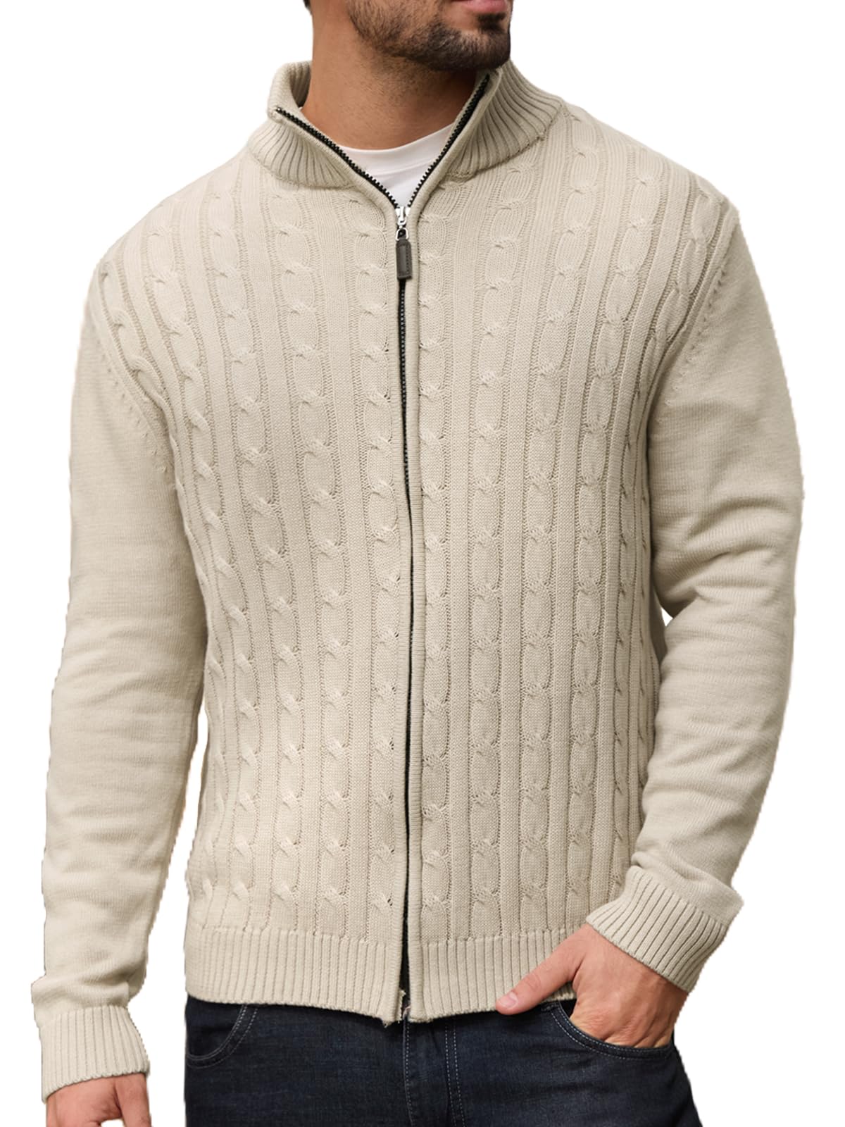 Men's Full Zip Cardigan Sweater, Cable Knit Cotton Blend, Stand Collar Zip Up Sw