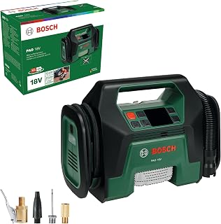 Bosch PAO 18V battery air compressor (inflates from tires to large inflatables; clip air compressed tire valve, French valve, ball nozzle, adapter volume incl.)