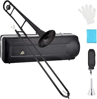 EASTROCK Bb Tenor Slide Trombone Brass Musical Instrument with Hard Case,Mouthpiece,Gloves,Cleaning Cloth for Beginners Standard Bell(7.87"/200 mm),Black