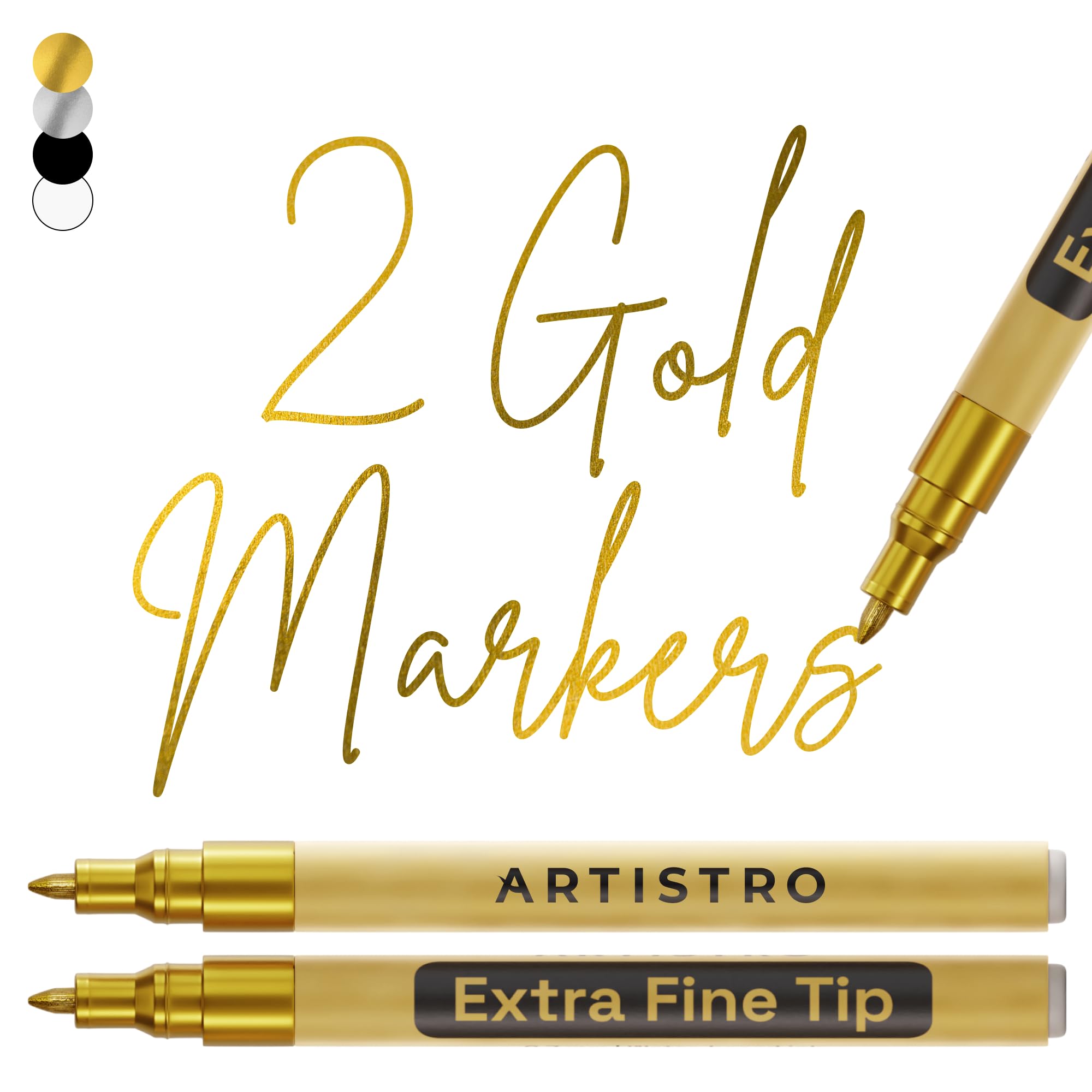ARTISTRO Gold Acrylic Paint Markers - 0.7mm Extra Fine-Tip - Set of 2 | Metallic