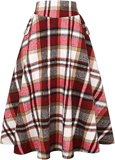 IDEALSANXUN Women’s Fall Winter High Waisted Wool Plaid A-line Long Skirt