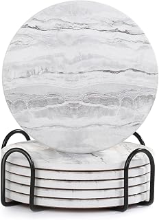 Acejoz Drink Coasters with Holder for Coffee Table, Absorbent Coaster Set of 6, Marble Style Ceramic Coaster for Wooden Table, Suitable for Kinds of Cups, Home Decor, 4 Inches
