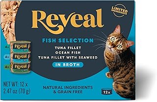 Reveal Fish Variety in Broth Wet Cat Food, 3-Flavor 12-Pack 2.47 oz Cans | 100% Natural, High Quality Protein, Limited Ingredient, Grain Free, No Fillers, No Artificial Additives, No By-Products