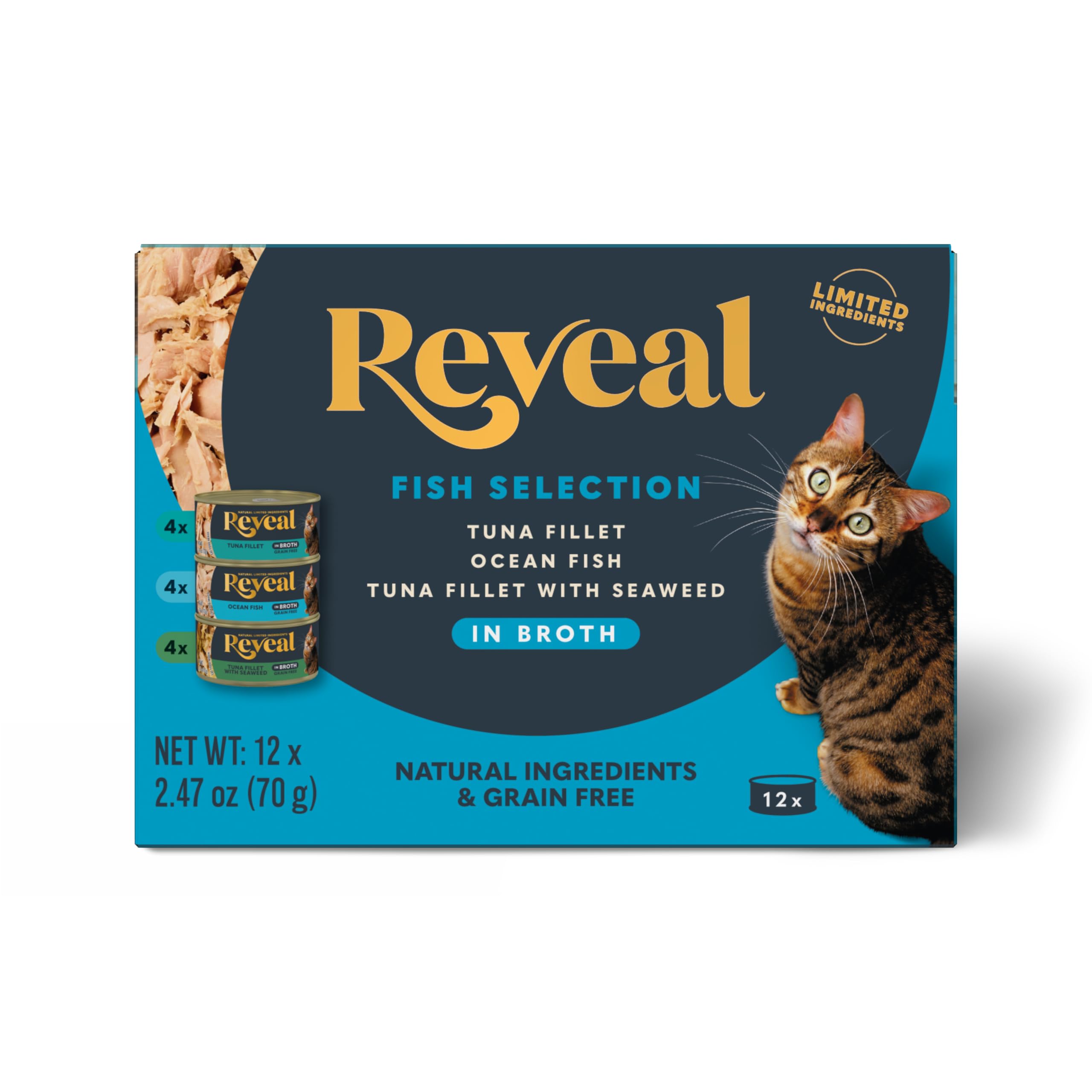 Reveal Fish Variety in Broth Wet Cat Food, 3-Flavor 12-Pack 2.47 oz Cans | 100% 