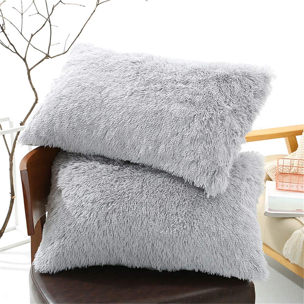 Faux Fur King Size Pillow Case 2 Pack Super Soft Shaggy Fluffy Velvet Decorative
