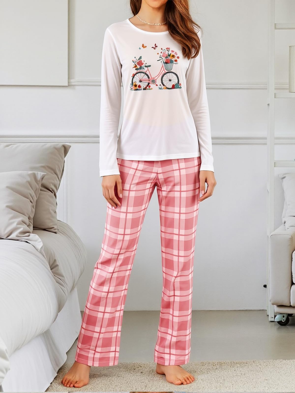 Women's Long Sleeve Pajama Set, Casual Fun Fact Graphic, Plaid Sleepwear Top, Co