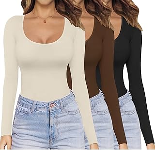 Ekouaer Womens Long Sleeve Tops 1&3 Pack Basic Scoop Neck Thermal T Shirt | stretch fitted, Long sleeve top in black white and more, xs-xxl, lightweight, base layer, suitable for going out, gym, yoga