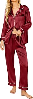 Ekouaer Satin Pajamas for Women Sleepwear Long Sleeve Sleepwear Two Piece Notch Collar Pajamas Sets Soft Pajamas