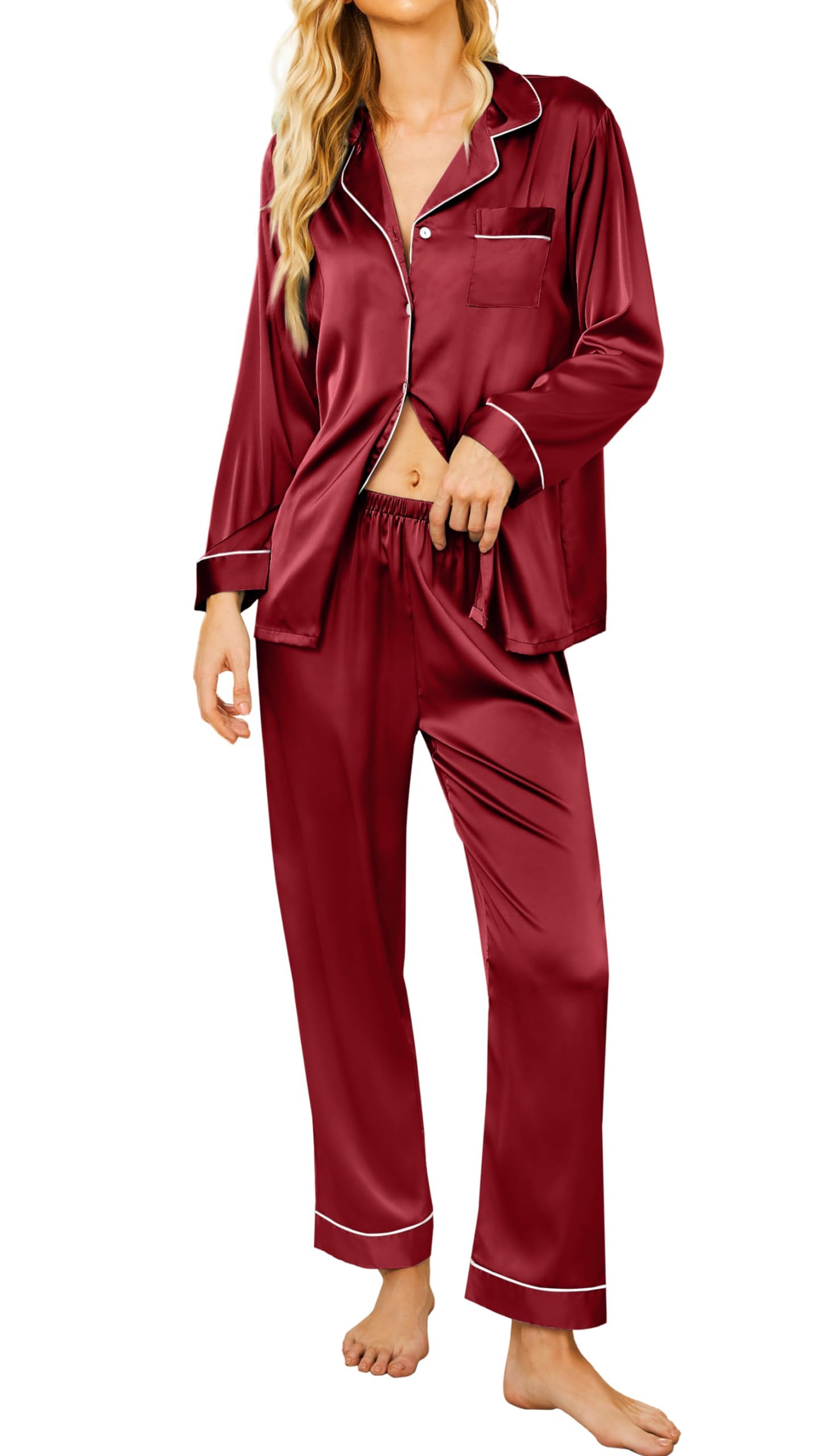 Ekouaer Satin Pajamas for Women Sleepwear Long Sleeve Sleepwear Two Piece Notch 
