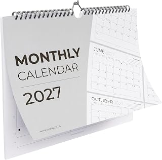 2027 Wall Calendar A4 Month to View - Spiral Bound UK Monthly Family Planner - Large Day Boxes with Grey & White Design