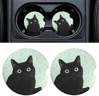Car Cup Holder Ceramic Coasters 2 Pack, 2.56 in Anti Slip Absorbent Coaster with Cork Base and Finger Notch, Funny Cute Car Accessories Interior for Women, Terrazzo Black Cat