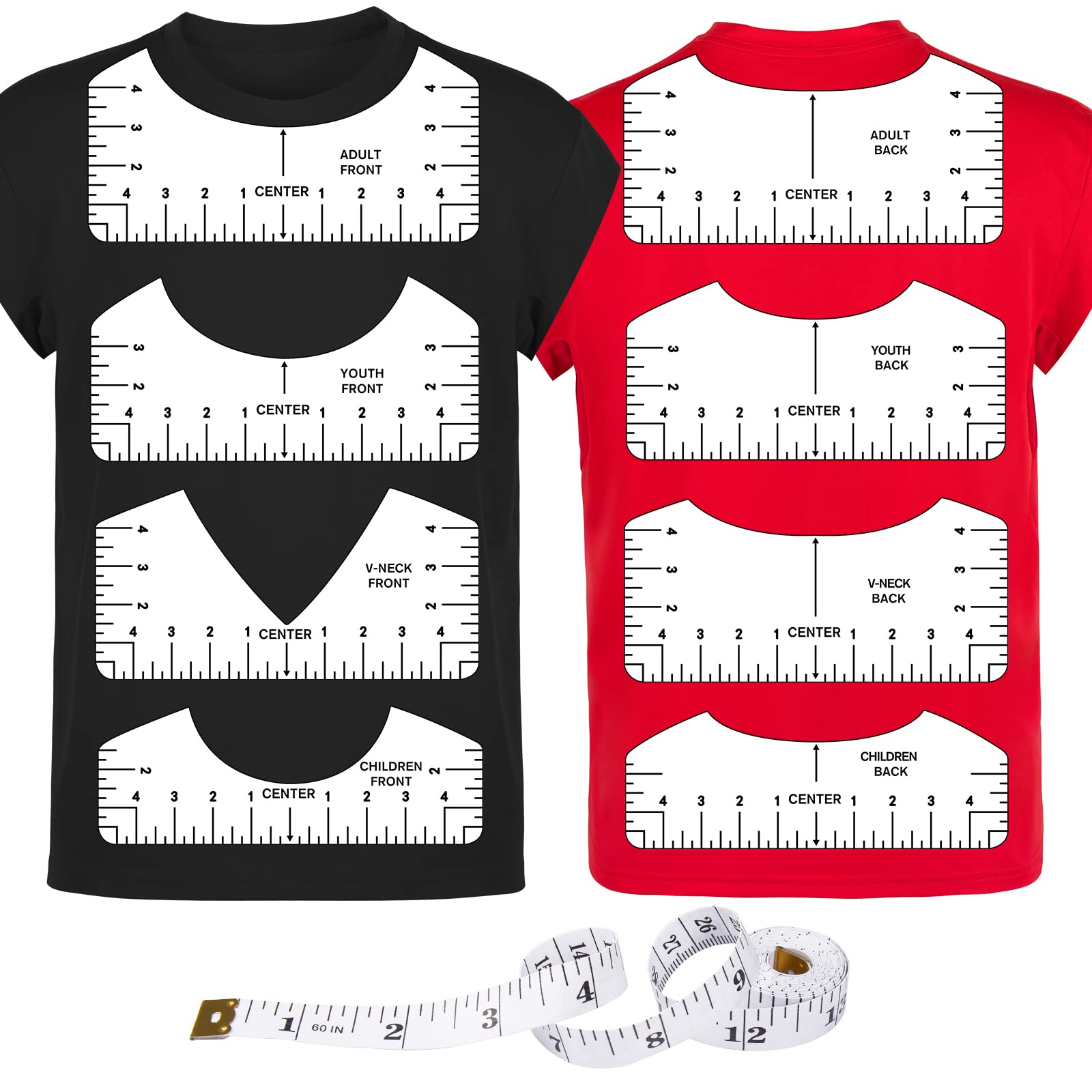 9Pcs Tshirt-Ruler Guide to Center Vinyl, Transparent V-Neck/Round PVC Ruler for 