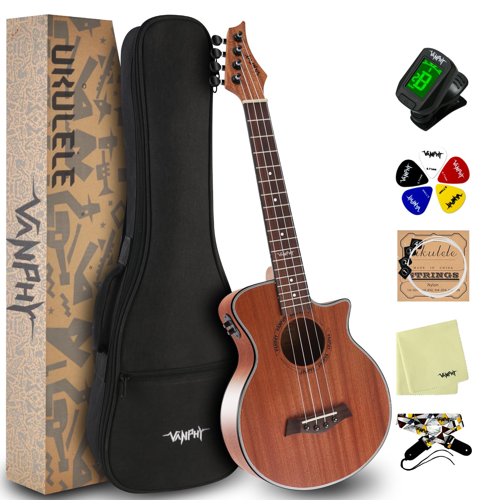 VANPHY Electric Ukelele Concert Ukulele Acoustic Electric Uke with Equalizer 23 