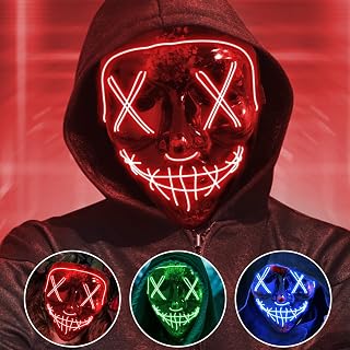 Jsdoin Halloween Masks, Scary LED Purge Mask, Light up Mask Cosplay, LED Rave Face Mask Costume 3 Lighting Modes, Halloween Face Masks for Men Women