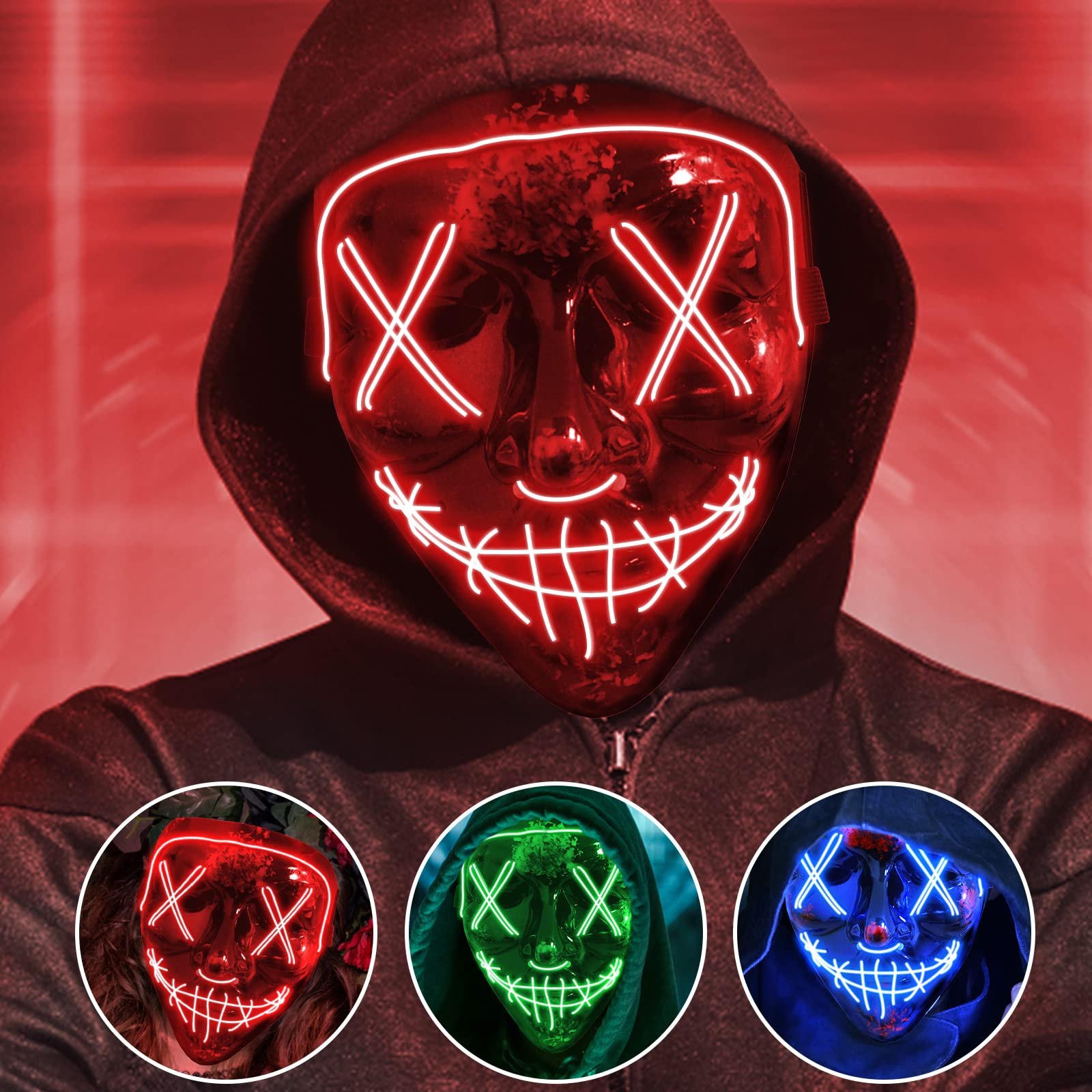 Jsdoin Halloween Masks, Scary LED Purge Mask, Light up Mask Cosplay, LED Rave Fa