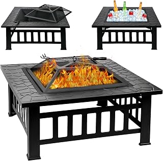 Quilushey 32 Inch Fire Pit Table with Fire Poker & Spark Screen, Outdoor Burning Fire Pits, 3 in 1 Metal Square Firepit Stove for Outside Heating, Bonfire Party, Camping, Patio, Garden