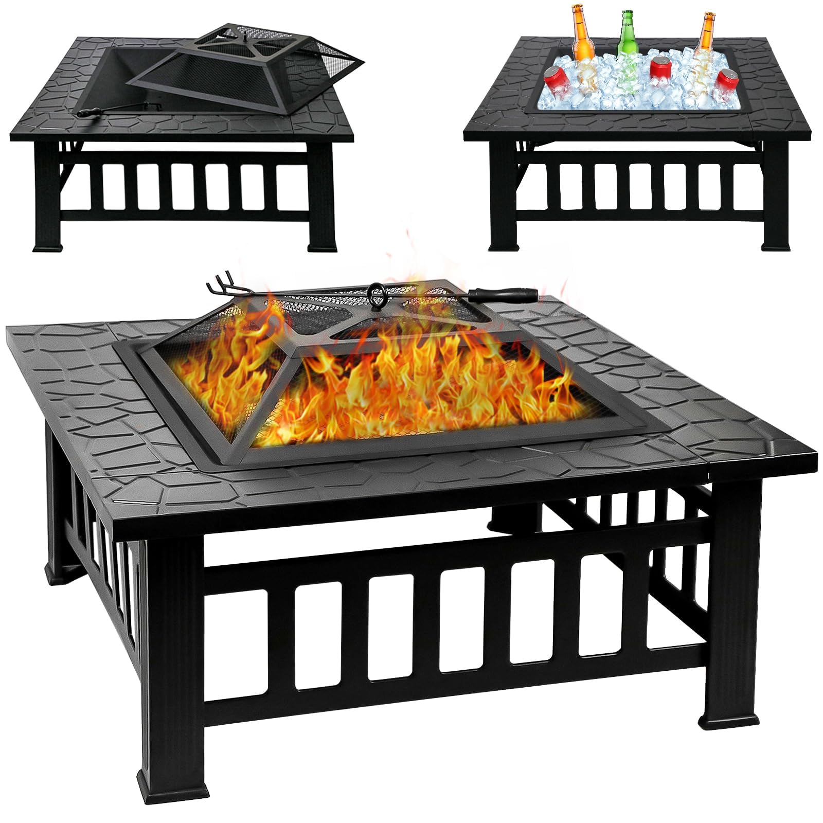 Quilushey 32 Inch Fire Pit Table with Fire Poker & Spark Screen, Outdoor Burning