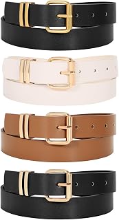 LEACOOLKEY 4 Pack Women Belts for Jeans Ladies Leather Waist Belt for Pants Jeans Dresses with Gold/Sliver Buckle