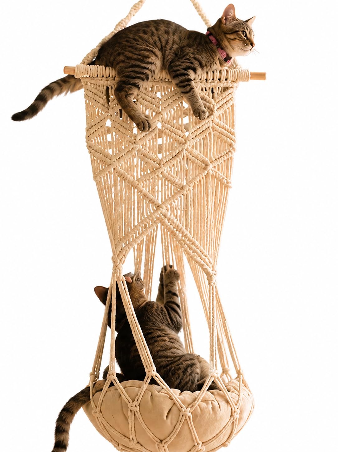 KARCEEY Macrame Cat Hammock Hanging Bed - Boho Wall Swing with Catnip Cushion fo