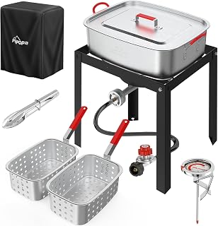 18QT Outdoor Propane Fish Fryer | 50,000 BTU Propane Burner | Deep Fryer with 2 Baskets | Lid | Cover | 9" Fryer Tong & 6" Thermometer | Perfect for Cooking Fish Chicken Wings and Fries