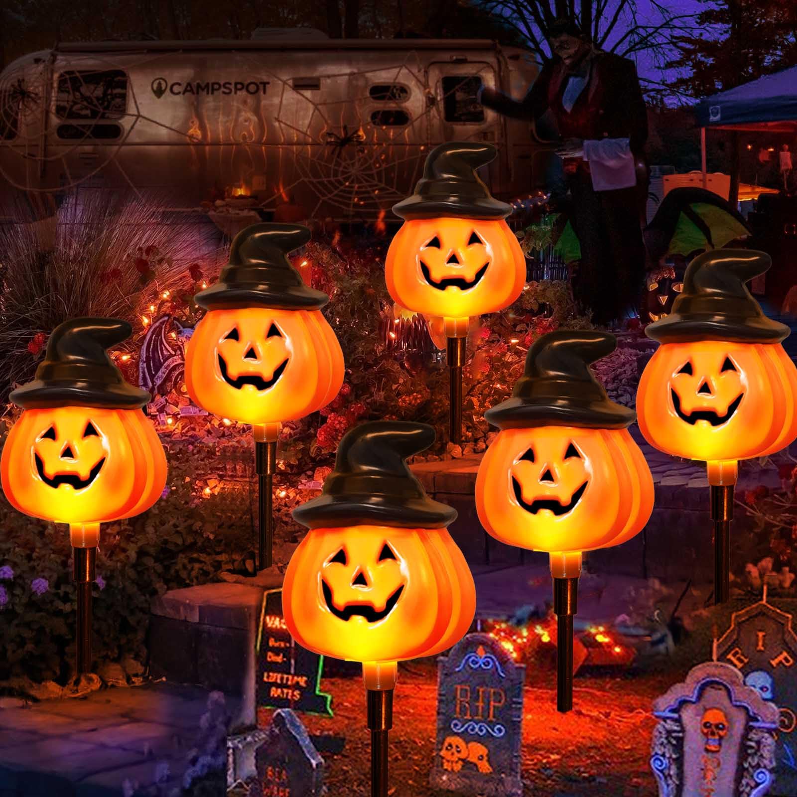 6 Pack Solar Jack O Lantern Stake String Lights - Orange Halloween Pathway Decor