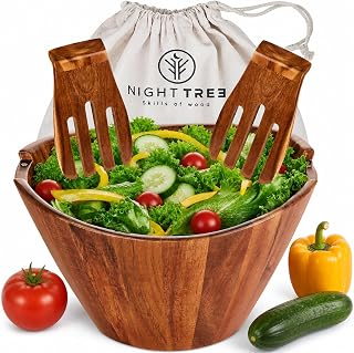 Night Tree Large Wooden Salad Bowl with Serving Utensils, 11.5 Inch Set