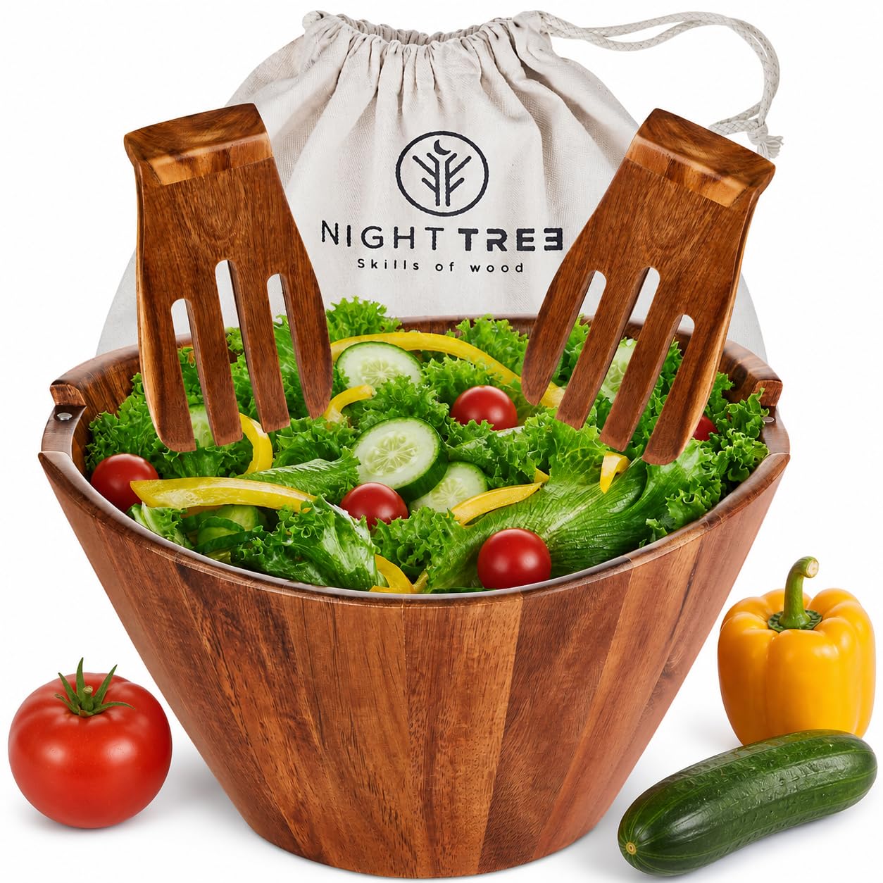 Night Tree Large Wooden Salad Bowl with Serving Utensils, 11.5 Inch Set