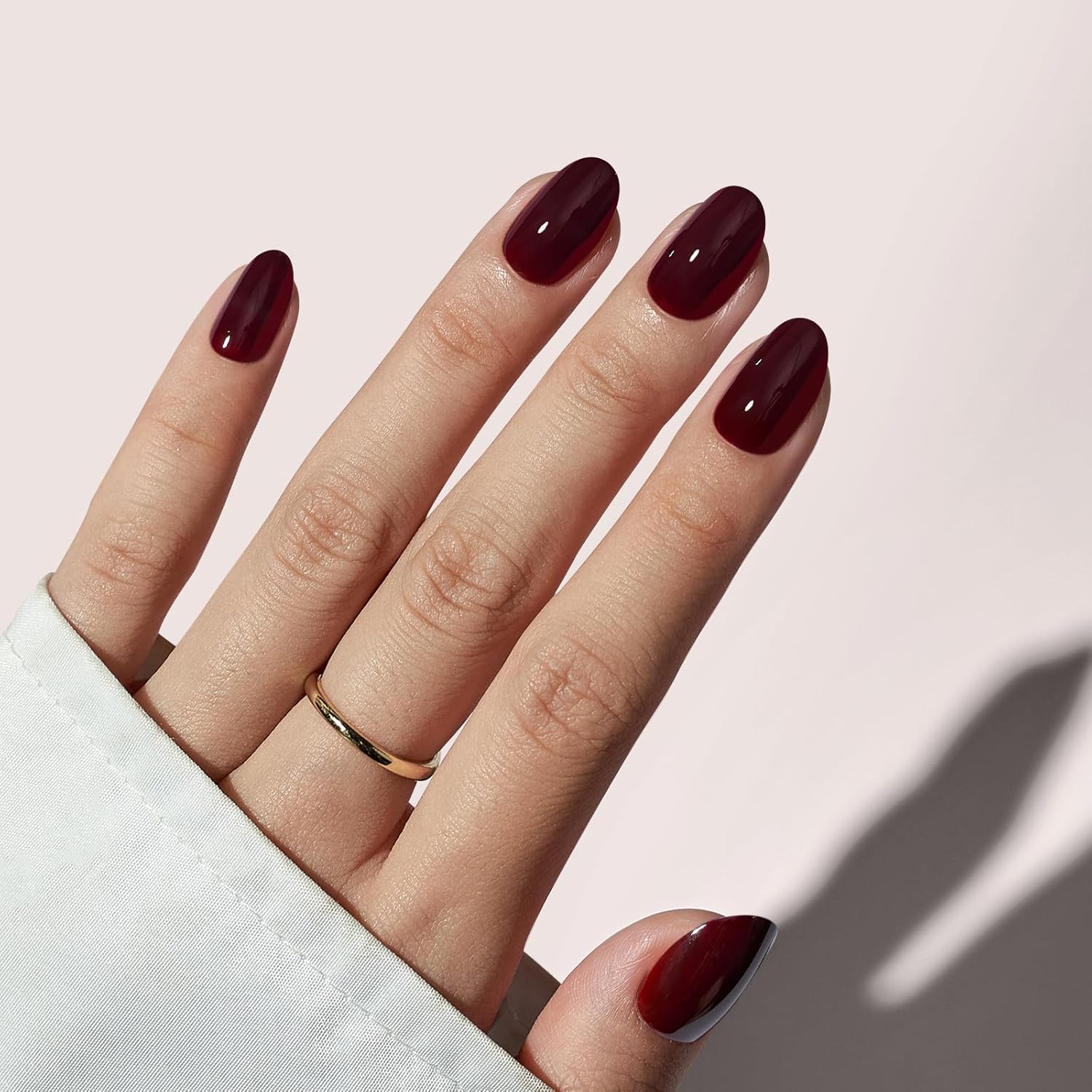 BTArtbox Press On Nails, Short Oval Dark Red Fake Nails, 32Pcs Full Kit | Hallow