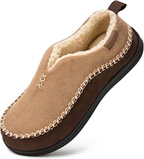 EverFoams - Micro Suede Memory Foam Moccasin Slippers with Fuzzy Sherpa Lining and Non-Slip Sole for Men